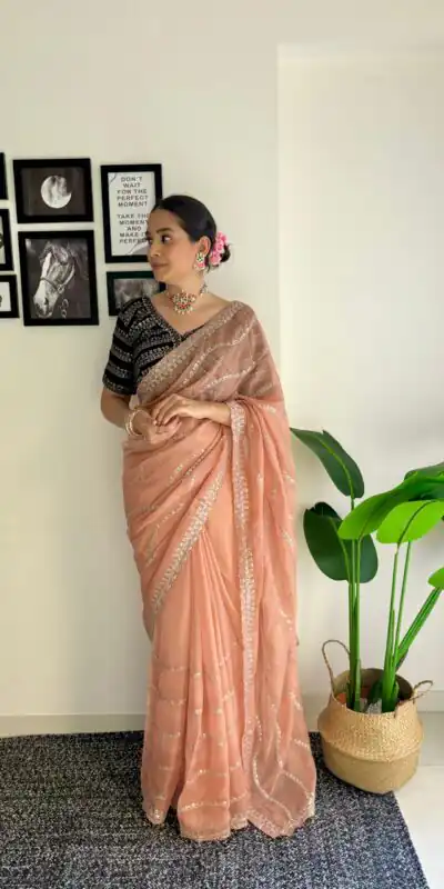 AC BROWNIE Peach Color Soft Organza Zari With Sequence Saree Blouse :Heavy Velvet Casual, Wedding, Festive, Events Expected Delivery 4-6 Working Days @1999 | Sarees, Bollywood Sarees, Creative Sarees, Designer Sarees, Embroidered Sarees, Ethnic Saree, Modern Digital sarees, Party Wear Sarees