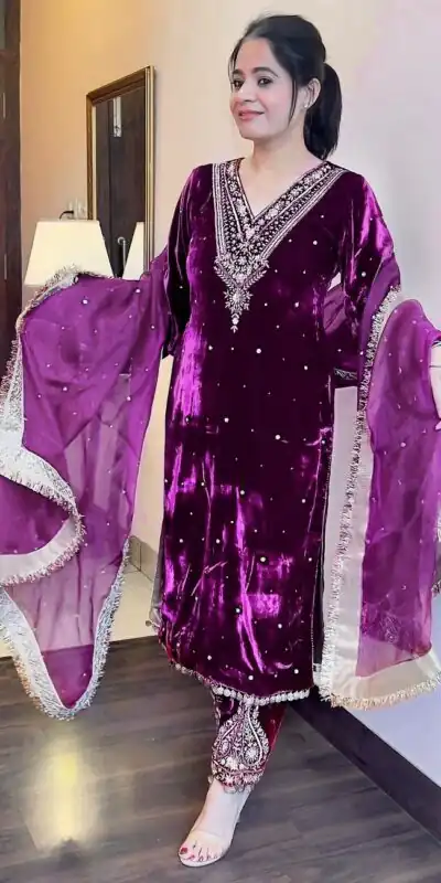 AD 134 Purple Color Heavy Pure Viscose Velvet Embroidery Sharara Suit Wedding, Party, Festive, Events Etc. Expected Delivery 4-6 Working Days @2099/- | Jump Suits, Salwar suit, Designer Suits, Casual Suits, Creative suits, Palazzo Suits, Party Wear Suits, Patiala Suits, Straight Suits