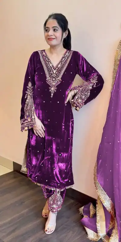 AD 134 Purple Color Heavy Pure Viscose Velvet Embroidery Sharara Suit Wedding, Party, Festive, Events Etc. Expected Delivery  4-6 Working Days @2099/- | Jump Suits, Salwar suit, Designer Suits, Casual Suits, Creative suits, Palazzo Suits, Party Wear Suits, Patiala Suits, Straight Suits