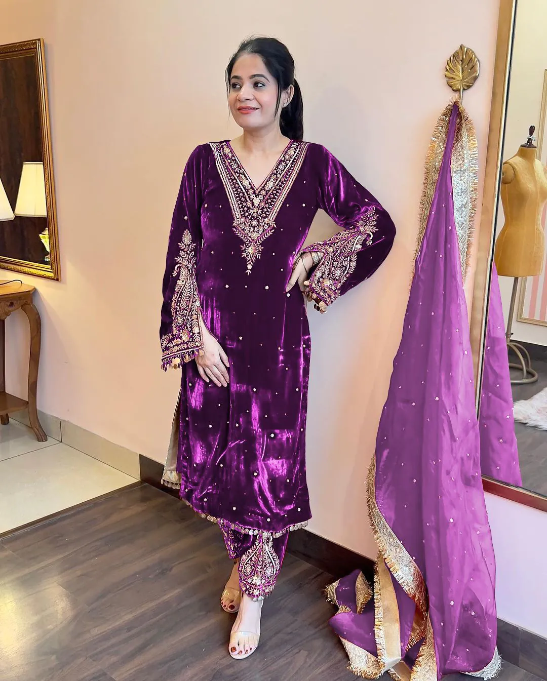 AD 134 Purple Color Heavy Pure Viscose Velvet Embroidery Sharara Suit Wedding, Party, Festive, Events Etc. Expected Delivery  4-6 Working Days @2099/- | Jump Suits, Salwar suit, Designer Suits, Casual Suits, Creative suits, Palazzo Suits, Party Wear Suits, Patiala Suits, Straight Suits