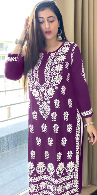 MJF 1023 Purple Color Heavy Rayon Cotton Style Embroidery Work Kurti Wedding, Party, Festive, Events Etc.   Expected Delivery 4-6 Working Days @1499/- | Kurti, Bollywood Kurti, Creative Kurtis, Designer Kurti, Party Wear Kurti, Selfie Kurti