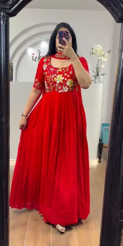 MF499 Red  Color Faux Georgette Multi-Thread Embroidered Work Anarkali Suit Wedding, Party, Festive, Events Etc. Expected Delivery  4-6 Working Days @1599/- | Anarkali Suits, Bollywood Anarkali, Creative-Anarkali, Designer Anarkali, Embroidered Anarkali, Party Wear Anarkali, Boutique Collection, Dress Materials, Saree Materials