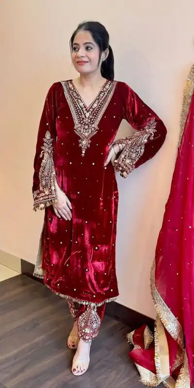 AD 134 Red Color Heavy Pure Viscose Velvet Embroidery Sharara Suit Wedding, Party, Festive, Events Etc. Expected Delivery  4-6 Working Days @2099/- | Jump Suits, Salwar suit, Designer Suits, Casual Suits, Creative suits, Palazzo Suits, Party Wear Suits, Patiala Suits, Straight Suits