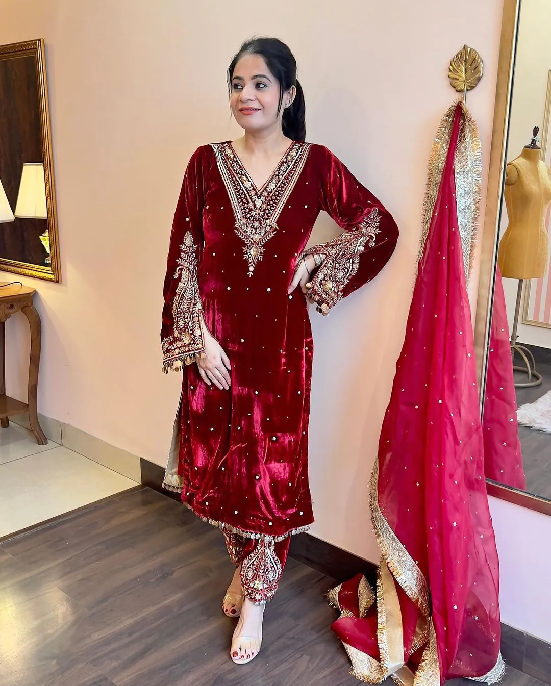 AD 134 Red Color Heavy Pure Viscose Velvet Embroidery Sharara Suit Wedding, Party, Festive, Events Etc. Expected Delivery  4-6 Working Days @2099/- | Jump Suits, Salwar suit, Designer Suits, Casual Suits, Creative suits, Palazzo Suits, Party Wear Suits, Patiala Suits, Straight Suits