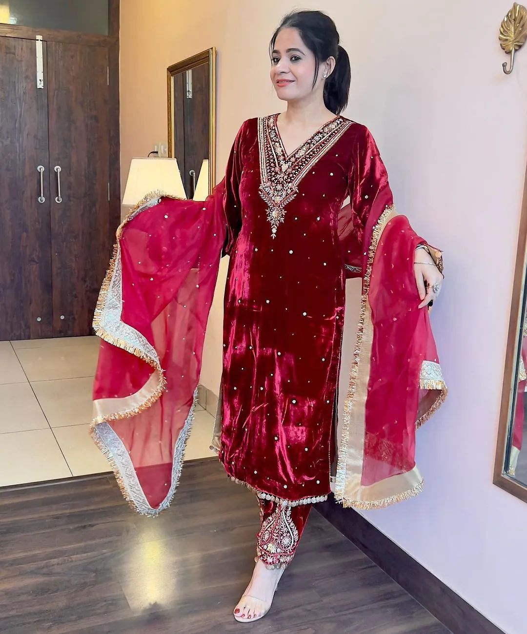 AD 134 Red Color Heavy Pure Viscose Velvet Embroidery Sharara Suit Wedding, Party, Festive, Events Etc. Expected Delivery  4-6 Working Days @2099/- | Jump Suits, Salwar suit, Designer Suits, Casual Suits, Creative suits, Palazzo Suits, Party Wear Suits, Patiala Suits, Straight Suits