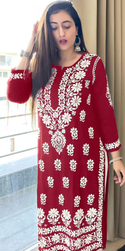 MJF 1023 Red  Color Heavy Rayon Cotton Style Embroidery Work Kurti Wedding, Party, Festive, Events Etc.   Expected Delivery 4-6 Working Days @1499/- | Kurti, Bollywood Kurti, Creative Kurtis, Designer Kurti, Party Wear Kurti, Selfie Kurti
