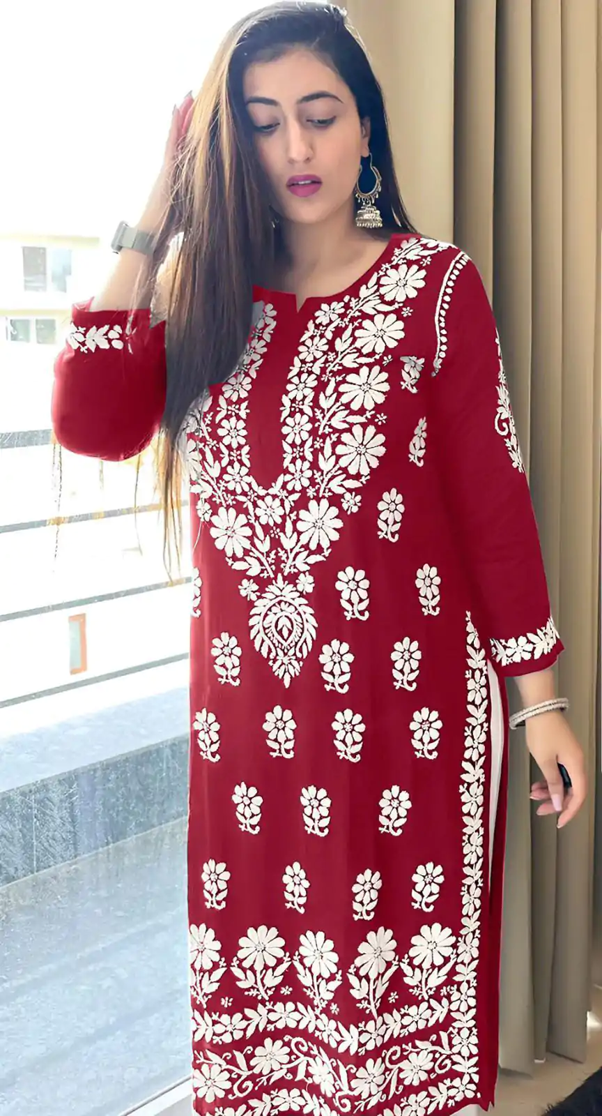 MJF 1023 Red  Color Heavy Rayon Cotton Style Embroidery Work Kurti Wedding, Party, Festive, Events Etc.   Expected Delivery 4-6 Working Days @1499/- | Kurti, Bollywood Kurti, Creative Kurtis, Designer Kurti, Party Wear Kurti, Selfie Kurti