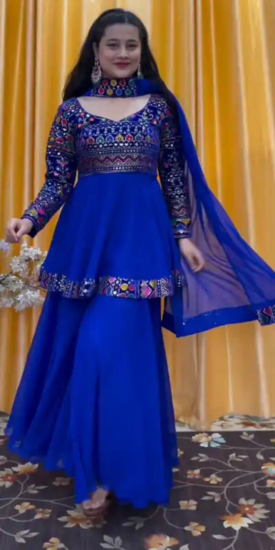  FC 5684 Royal Blue Top Georgette Embroidery Work Sharara Suit : Heavy Net Thread Work Wedding, Party, Festive, Events Etc.   Expected Delivery  @2149/- Only | Jump Suits, Salwar suit, Designer Suits, Casual Suits, Creative suits, Palazzo Suits, Party Wear Suits, Straight Suits