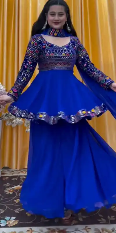 FC 5684 Royal Blue Top Georgette Embroidery Work Sharara Suit : Heavy Net Thread Work Wedding, Party, Festive, Events Etc. Expected Delivery @2149/- Only | Jump Suits, Salwar suit, Designer Suits, Casual Suits, Creative suits, Palazzo Suits, Party Wear Suits, Straight Suits
