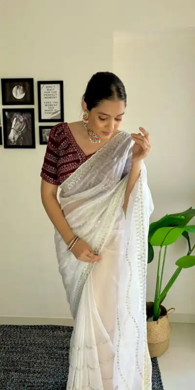 AC BROWNIE White Color Soft Organza Zari With Sequence Saree Blouse :Heavy Velvet   Casual, Wedding, Festive, Events Expected Delivery 4-6 Working Days @1999 | Sarees, Bollywood Sarees, Creative Sarees, Designer Sarees, Embroidered Sarees, Ethnic Saree, Modern Digital sarees, Party Wear Sarees