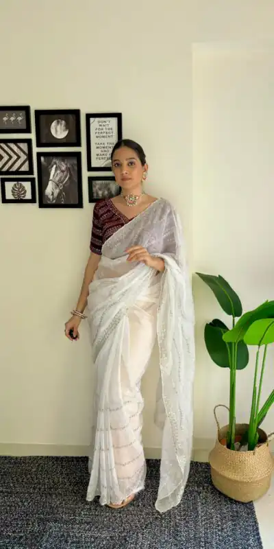 AC BROWNIE White Color Soft Organza Zari With Sequence Saree Blouse :Heavy Velvet Casual, Wedding, Festive, Events Expected Delivery 4-6 Working Days @1999 | Sarees, Bollywood Sarees, Creative Sarees, Designer Sarees, Embroidered Sarees, Ethnic Saree, Modern Digital sarees, Party Wear Sarees