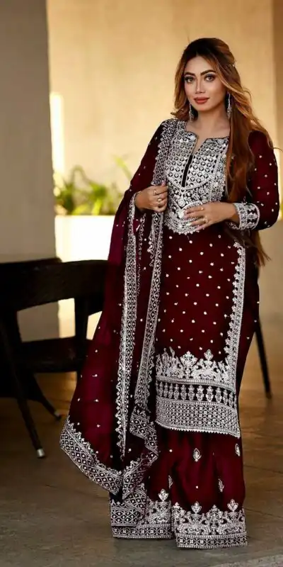 SSR 449 Wine Color Georgette Embroidery Sequence Salwar Suit Wedding, Party, Festive, Events Expected Delivery 4-6 Working Days @ 2049/- Only | Salwar suit, Designer Suits, Casual Suits, Creative suits, Party Wear Suits, Straight Suits