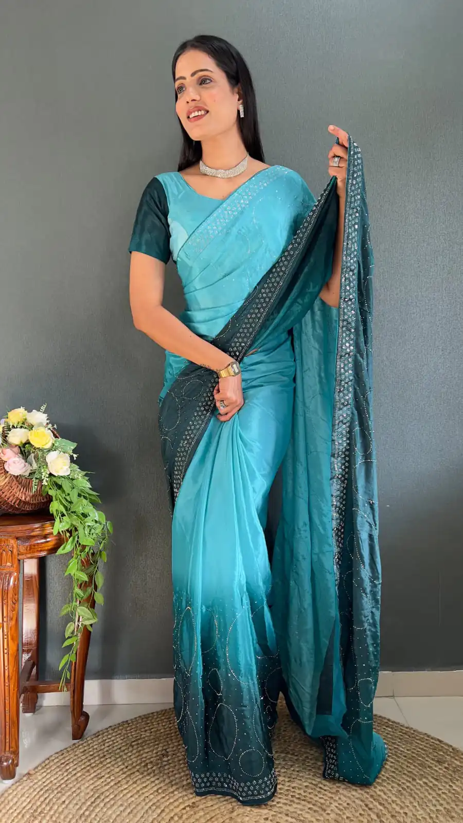 JM Strawberry Navy Blue Color Pure Chinon Chiffon Sirvoski Dimond Saree Casual, Wedding, Festive, Events . Expected Delivery 4-6 Working Days @1549/- | Sarees, Bollywood Sarees, Creative Sarees, Designer Sarees, Embroidered Sarees, Ethnic Saree, Modern Digital sarees, Party Wear Sarees
