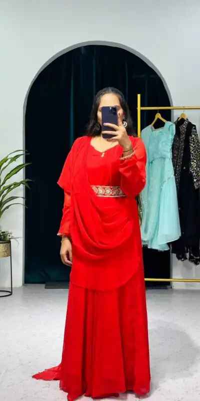 ST 1039 Red Color Faux Georgette Sequence New Stilly Gown Casual, Wedding, Party, Festive, Events Etc. Expected Delivery 4-6 Working Days @2199/- | Gowns, Bollywood Gowns, Creative Gowns, Designer Gowns, Embroidered Gowns, Party Wear Gowns, Straight Suits