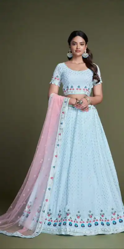 RC 247 sky Blue Color Heavy Georgette Embroidery Sequins Lehenga Choli Casual, Party Wedding, Festive, Events Etc. Delivery 4-6 Working Days 4999/- | Lehenga, Bollywood Lehenga, Creative Lehenga, Designer Lehenga, Embroidered Lehenga, Party Wear Lehenga