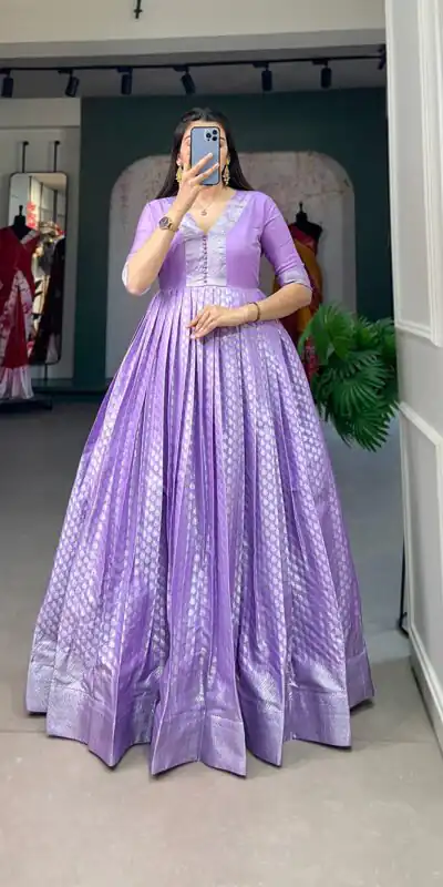 YNF 5321 Lavender Color Jacquard silk Floral weaving work Gown Casual, Wedding, Party, Festive, Events Etc. Expected Delivery 4-6 Working Days @1899/- | Gowns, Bollywood Gowns, Creative Gowns, Designer Gowns, Embroidered Gowns, Party Wear Gowns