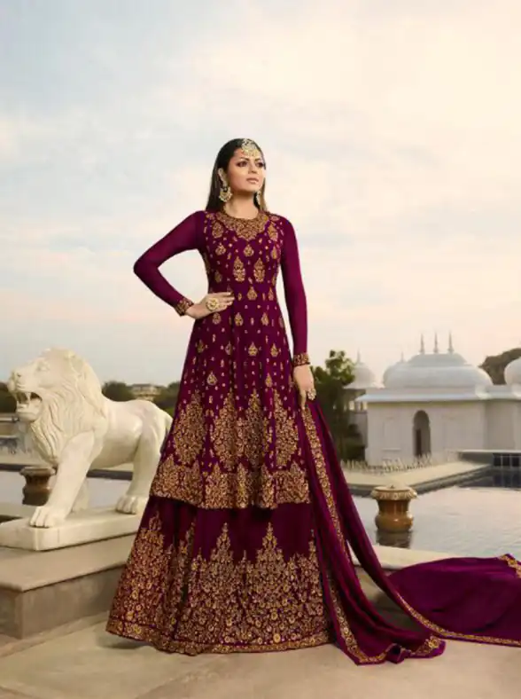 LT NITYA 3805 Maroon Color Georgette With Embroidery Work Sharara Suit Wedding, Festive, Party Events Etc. Expected Delivery 4-6 Working Days @2349/- | Jump Suits, Salwar suit, Designer Suits, Casual Suits, Creative suits, Palazzo Suits, Party Wear Suits, Patiala Suits, Straight Suits