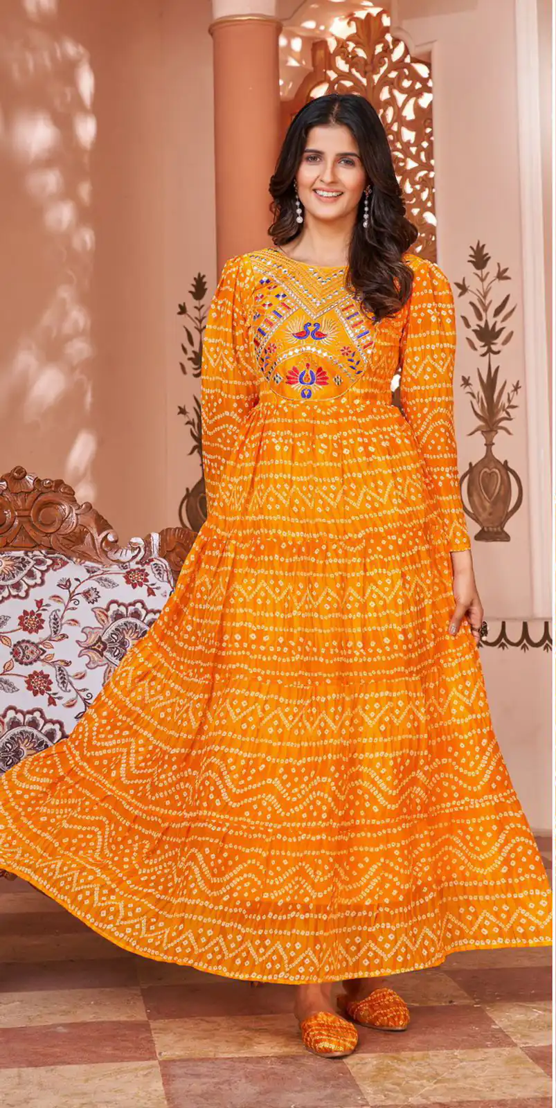 INLI Lehariya Orange Color Heavy Georgette Printed Embroidery Work Gown Casual Wedding, Party, Festive, Events Etc. Expected Delivery 4-6 Working Days @1599 | Gowns, Bollywood Gowns, Creative Gowns, Designer Gowns, Embroidered Gowns, Party Wear Gowns