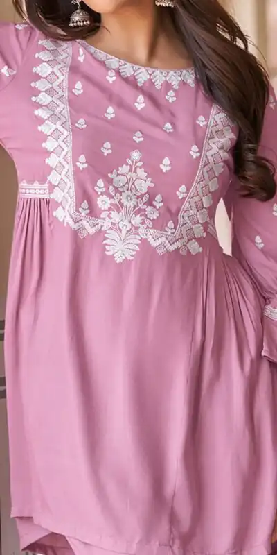 MF1001 Pink Color Rayon With Beautiful Embroidery Work Kurti Wedding, Party, Festive, Events Etc.   Expected Delivery 4-6 Working Days @1450/- | Kurti, Bollywood Kurti, Creative Kurtis, Designer Kurti, Party Wear Kurti, Selfie Kurti