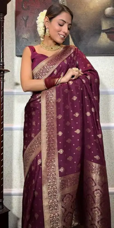 DDF 128 Purple Color Banarasi Soft Silk Extra Ordinary Design Saree Casual, Party Wear, Events, Festivals Etc. Expected Delivery 4-6 Working Days 1399/- | Sarees, Bollywood Sarees, Creative Sarees, Designer Sarees, Embroidered Sarees, Ethnic Saree, Modern Digital sarees, Party Wear Sarees