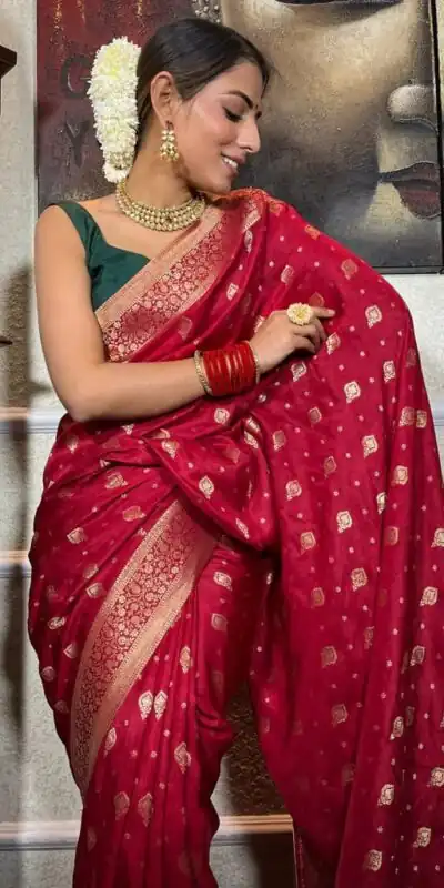 DDF 128 Red Color Banarasi Soft Silk Extra Ordinary Design Saree Casual, Party Wear, Events, Festivals Etc. Expected Delivery 4-6 Working Days 1399/- | Sarees, Bollywood Sarees, Creative Sarees, Designer Sarees, Embroidered Sarees, Ethnic Saree, Modern Digital sarees, Party Wear Sarees