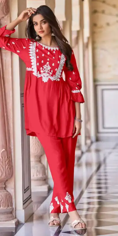 MF1001 Red Color Rayon With Beautiful Embroidery Work Kurti Wedding, Party, Festive, Events Etc.   Expected Delivery 4-6 Working Days @1450/- | Kurti, Bollywood Kurti, Creative Kurtis, Designer Kurti, Party Wear Kurti, Selfie Kurti