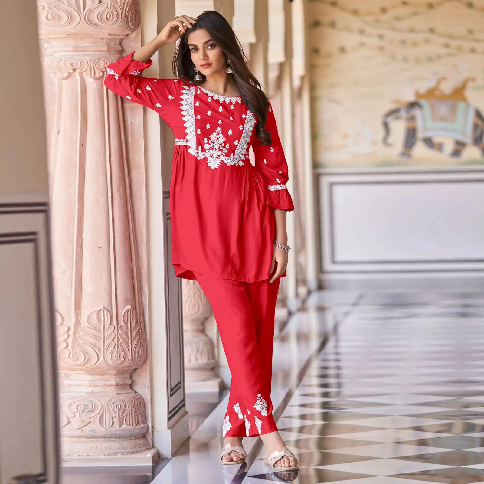 MF1001 Red Color Rayon With Beautiful Embroidery Work Kurti Wedding, Party, Festive, Events Etc.   Expected Delivery 4-6 Working Days @1450/- | Kurti, Bollywood Kurti, Creative Kurtis, Designer Kurti, Party Wear Kurti, Selfie Kurti