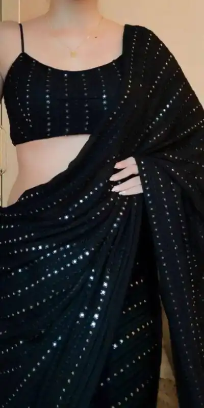 ST 395 Black Color Faux Georgette Embroidery Cotton Thread Saree Casual, Wedding, Party, Festive, Events Etc. Expected Delivery 4-6 Working Days @1849/- | Sarees, Bollywood Sarees, Creative Sarees, Designer Sarees, Embroidered Sarees, Ethnic Saree, Modern Digital sarees, Party Wear Sarees