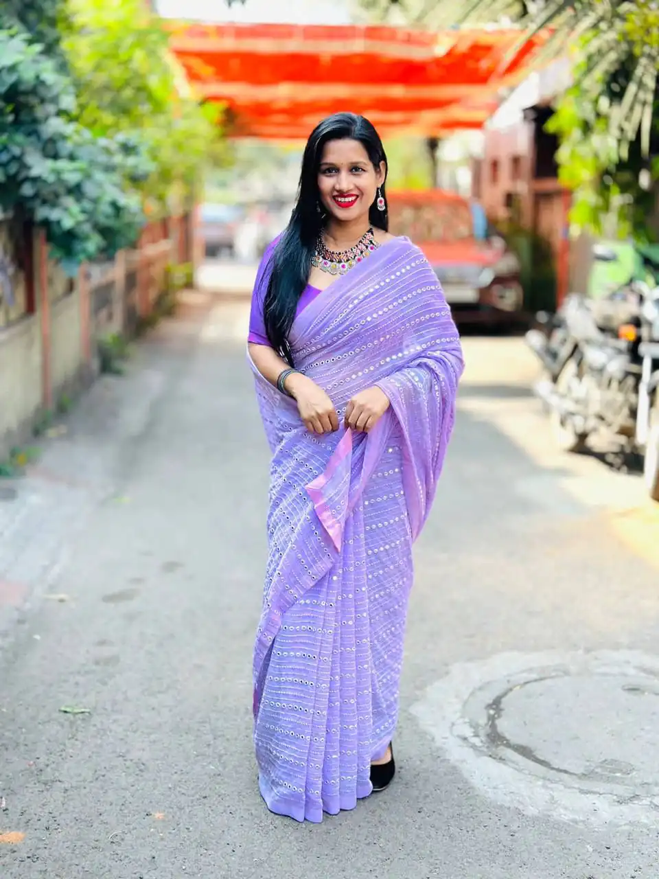 ST 395 Violet Color Faux Georgette Embroidery Cotton Thread Saree Casual, Wedding, Party, Festive, Events Etc. Expected Delivery 4-6 Working Days @1849/- | Sarees, Bollywood Sarees, Creative Sarees, Designer Sarees, Embroidered Sarees, Ethnic Saree, Modern Digital sarees, Party Wear Sarees