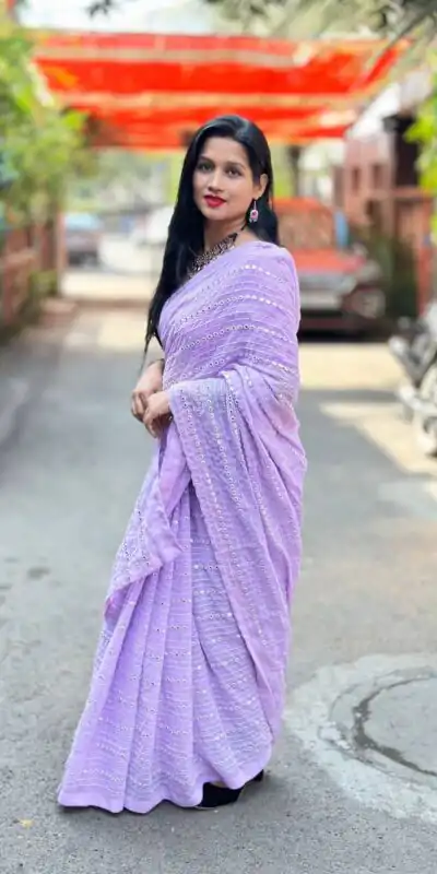 ST 395 Violet Color Faux Georgette Embroidery Cotton Thread Saree Casual, Wedding, Party, Festive, Events Etc. Expected Delivery 4-6 Working Days @1849/- | Sarees, Bollywood Sarees, Creative Sarees, Designer Sarees, Embroidered Sarees, Ethnic Saree, Modern Digital sarees, Party Wear Sarees