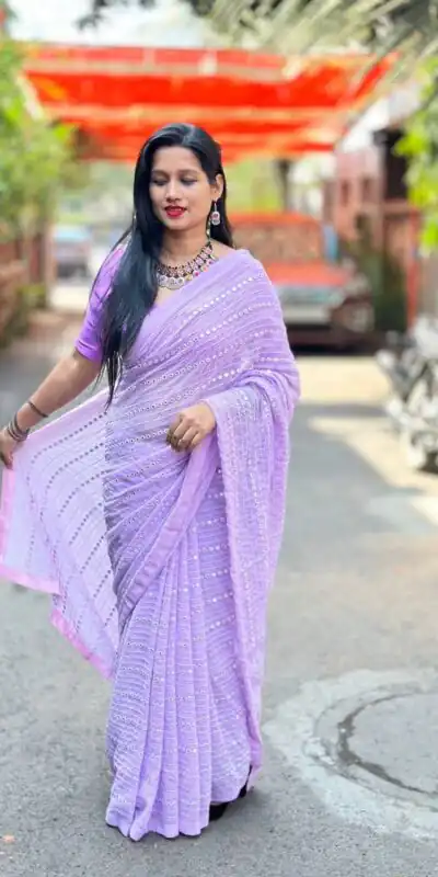 ST 395 Violet Color Faux Georgette Embroidery Cotton Thread Saree Casual, Wedding, Party, Festive, Events Etc. Expected Delivery 4-6 Working Days @1849/- | Sarees, Bollywood Sarees, Creative Sarees, Designer Sarees, Embroidered Sarees, Ethnic Saree, Modern Digital sarees, Party Wear Sarees