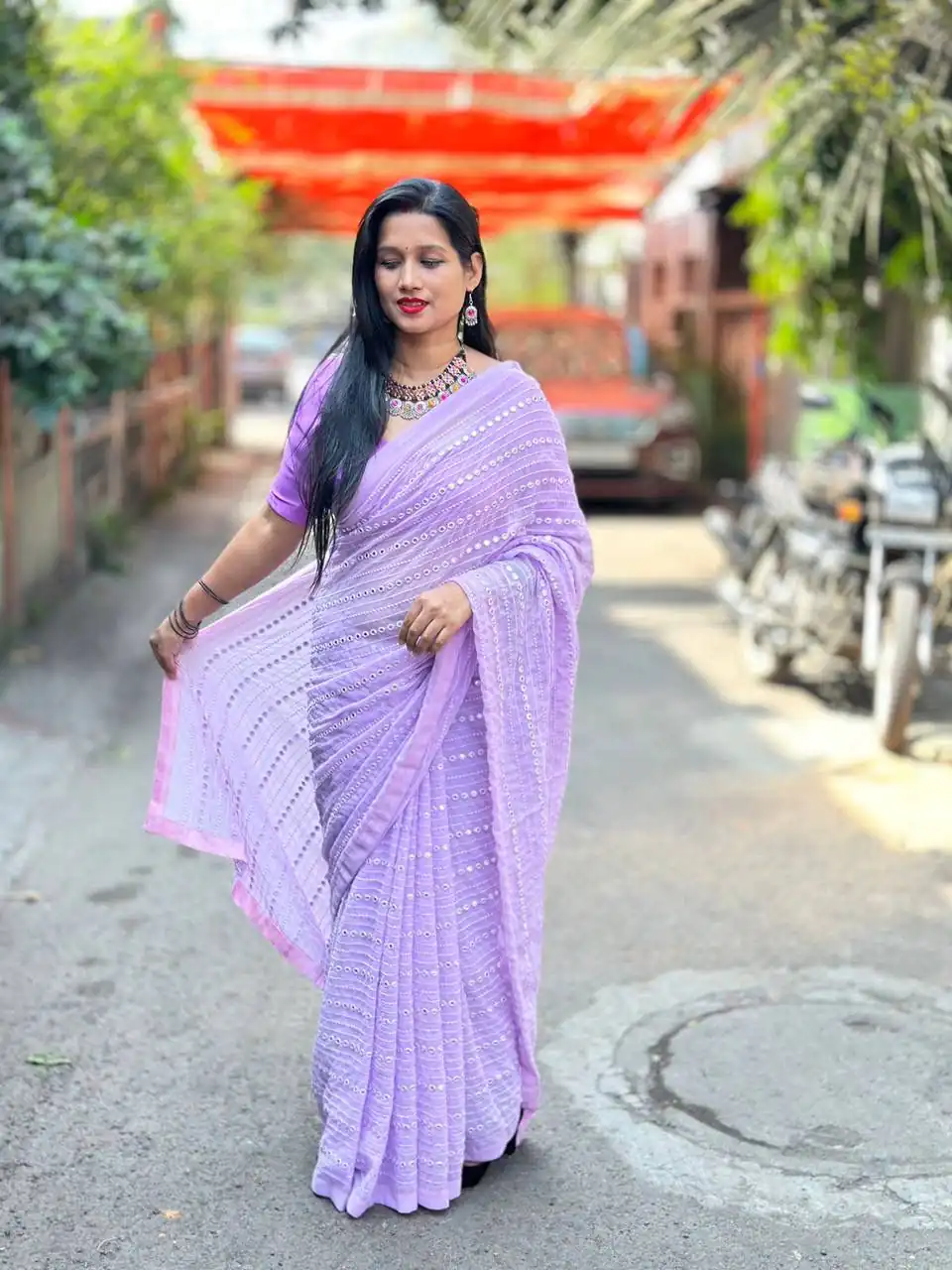 ST 395 Violet Color Faux Georgette Embroidery Cotton Thread Saree Casual, Wedding, Party, Festive, Events Etc. Expected Delivery 4-6 Working Days @1849/- | Sarees, Bollywood Sarees, Creative Sarees, Designer Sarees, Embroidered Sarees, Ethnic Saree, Modern Digital sarees, Party Wear Sarees