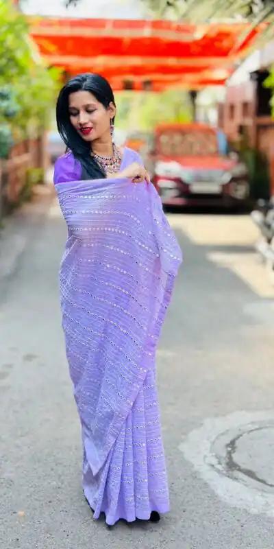 ST 395 Violet Color Faux Georgette Embroidery Cotton Thread Saree Casual, Wedding, Party, Festive, Events Etc. Expected Delivery 4-6 Working Days @1849/- | Sarees, Bollywood Sarees, Creative Sarees, Designer Sarees, Embroidered Sarees, Ethnic Saree, Modern Digital sarees, Party Wear Sarees