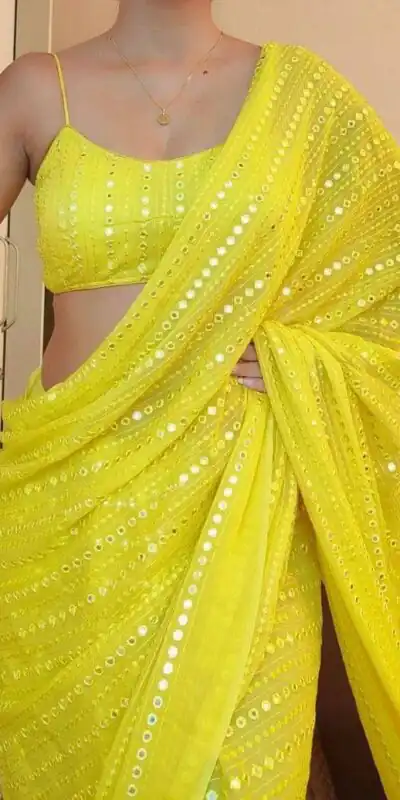 ST 395 Yellow Color Faux Georgette Embroidery Cotton Thread Saree Casual, Wedding, Party, Festive, Events Etc. Expected Delivery 4-6 Working Days @1849/- | Sarees, Bollywood Sarees, Creative Sarees, Designer Sarees, Embroidered Sarees, Ethnic Saree, Modern Digital sarees, Party Wear Sarees