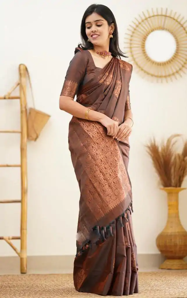 KP 4064 Coffee Color Soft Lichi Silk Jacquard On All Over Saree Casual, Party Wear, Wedding, Events Etc. Expected Delivery 4-6 Working Days @1249/- | Sarees, Bollywood Sarees, Creative Sarees, Designer Sarees, Embroidered Sarees, Ethnic Saree, Modern Digital sarees, Party Wear Sarees