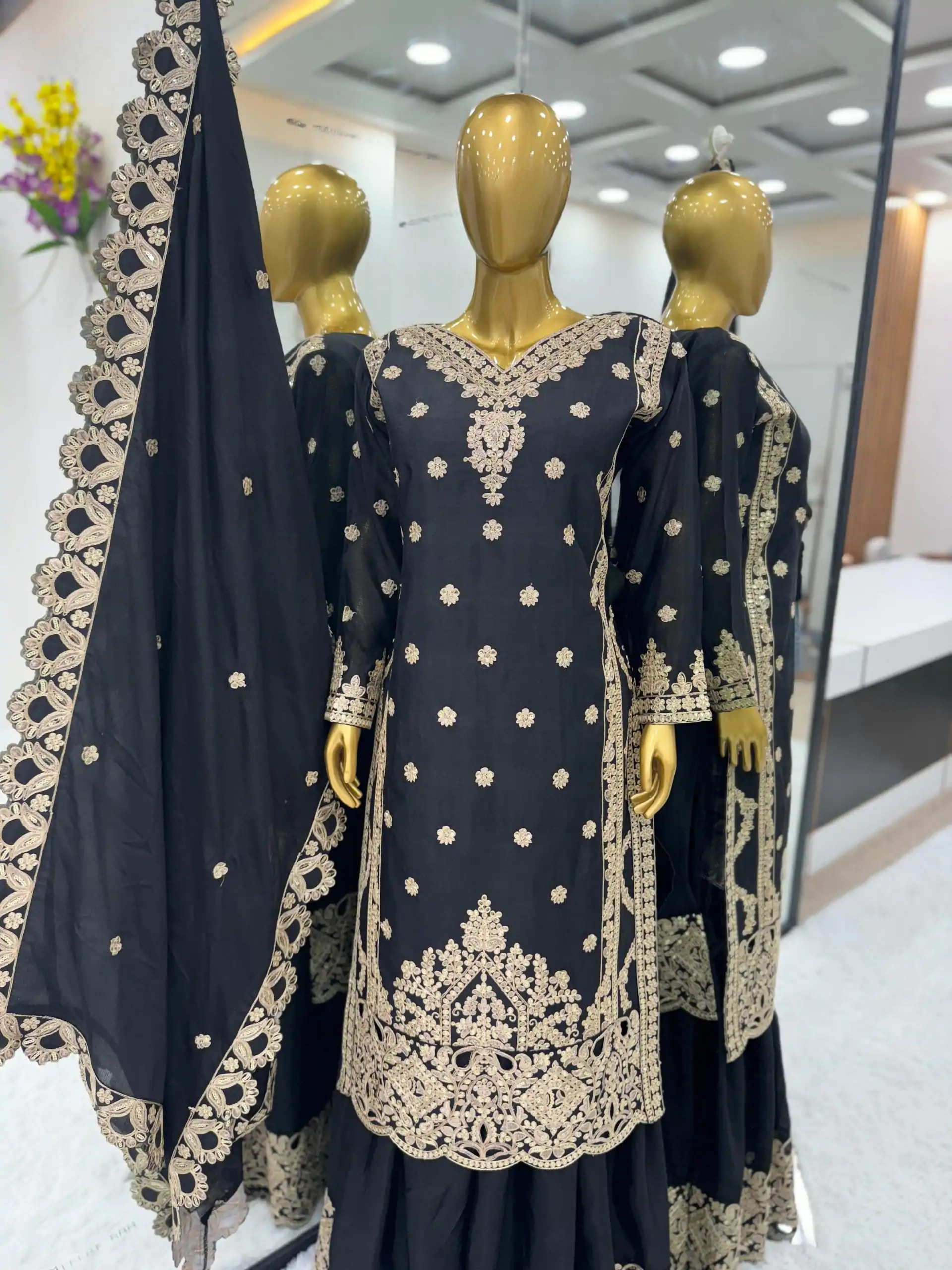 SRK 5166 Black Color Pure Chinnon Silk Embroidery Sequence Salwar Suit Wedding, Party, Festive, Events Expected Delivery 4-6 Working Days @ 2399/- | Jump Suits, Salwar suit, Designer Suits, Casual Suits, Creative suits, Palazzo Suits, Party Wear Suits, Patiala Suits, Straight Suits