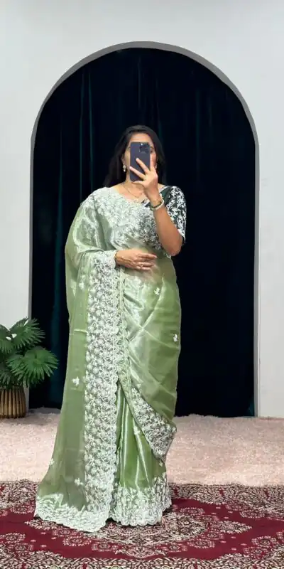 ST 471 Green Color Burberry With Blooming Embroidery Saree Casual, Wedding, Party, Festive, Events Etc. Expected Delivery 4-6 Working Days @1999/- | Sarees, Bollywood Sarees, Creative Sarees, Designer Sarees, Embroidered Sarees, Ethnic Saree, Modern Digital sarees, Party Wear Sarees