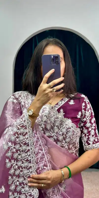 ST 471 Purple Color Burberry With Blooming Embroidery Saree Casual, Wedding, Party, Festive, Events Etc. Expected Delivery 4-6 Working Days @1999/- | Sarees, Bollywood Sarees, Creative Sarees, Designer Sarees, Embroidered Sarees, Ethnic Saree, Modern Digital sarees, Party Wear Sarees