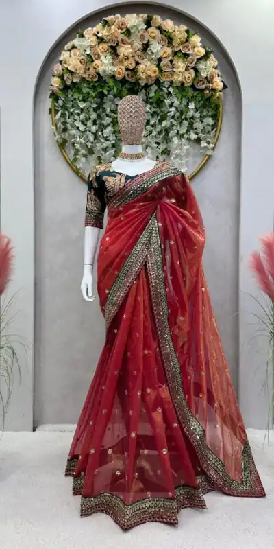 KD 470 Red Color Jimmy choo Thread & Sequence Work Saree Casual, Party, Wedding, Festive, Events Etc.  Expected Delivery  4-6 Working Days @2099/- Only | Sarees, Bollywood Sarees, Creative Sarees, Designer Sarees, Embroidered Sarees, Ethnic Saree, Modern Digital sarees, Party Wear Sarees