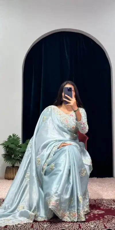 ST 469 Sky Blue Color Jimmy Choo Thread Embroidery Work Saree Casual, Wedding, Party, Festive, Events Etc. Expected Delivery 4-6 Working Days @1999/- | Sarees, Bollywood Sarees, Creative Sarees, Designer Sarees, Embroidered Sarees, Ethnic Saree, Modern Digital sarees, Party Wear Sarees