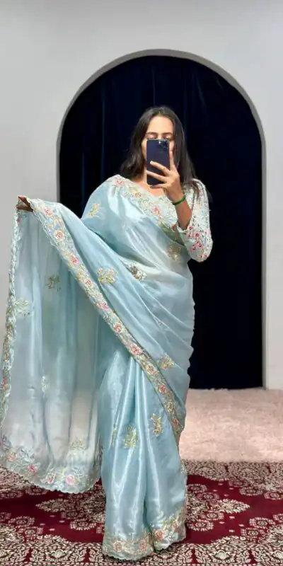 ST 469 Sky Blue Color Jimmy Choo Thread Embroidery Work Saree Casual, Wedding, Party, Festive, Events Etc. Expected Delivery 4-6 Working Days @1999/- | Sarees, Bollywood Sarees, Creative Sarees, Designer Sarees, Embroidered Sarees, Ethnic Saree, Modern Digital sarees, Party Wear Sarees