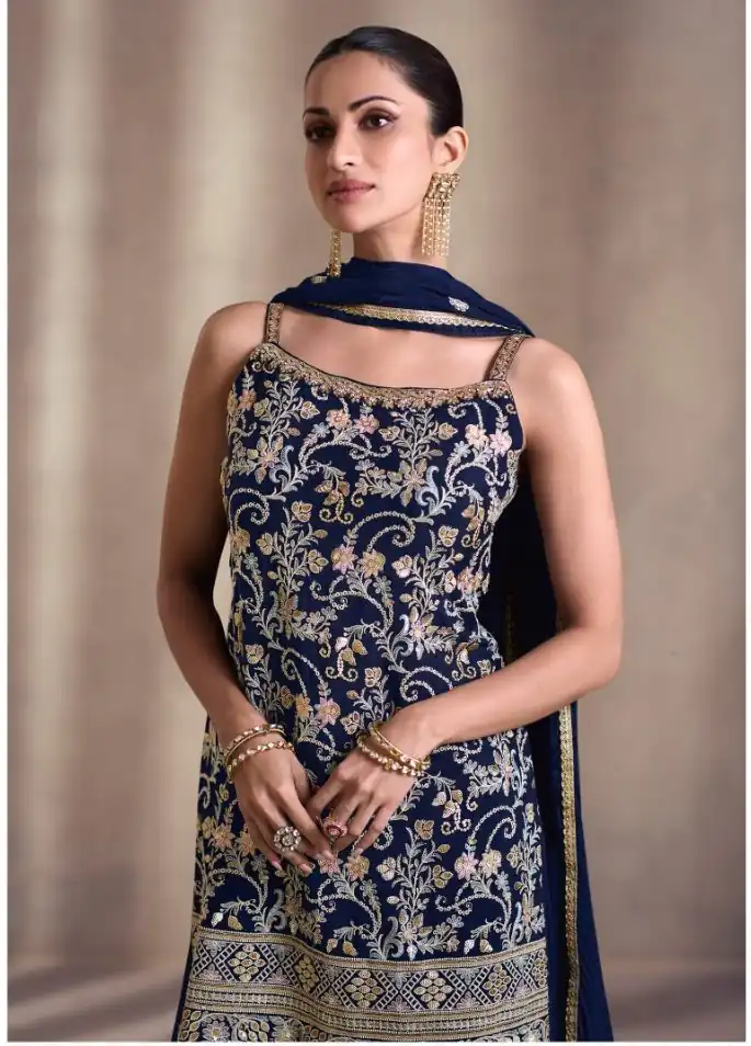 DS Sayuri 5407 Navy Blue Color Faux Georgette Embroidery Work Salwar Suit Wedding, Party, Festive, Events Expected Delivery 4-6 Working Days @ 2149/- | Jump Suits, Salwar suit, Designer Suits, Casual Suits, Creative suits, Palazzo Suits, Party Wear Suits, Patiala Suits, Straight Suits