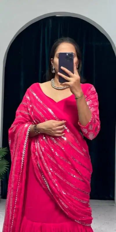 ST 1041 Pink Color Georgette Embroidery Moti Work Lehenga Saree Casual, Wedding, Party, Festive, Events Etc. Expected Delivery 4-6 Working Days @2099/- | Lehenga, Bollywood Lehenga, Creative Lehenga, Designer Lehenga, Embroidered Lehenga, Party Wear Lehenga