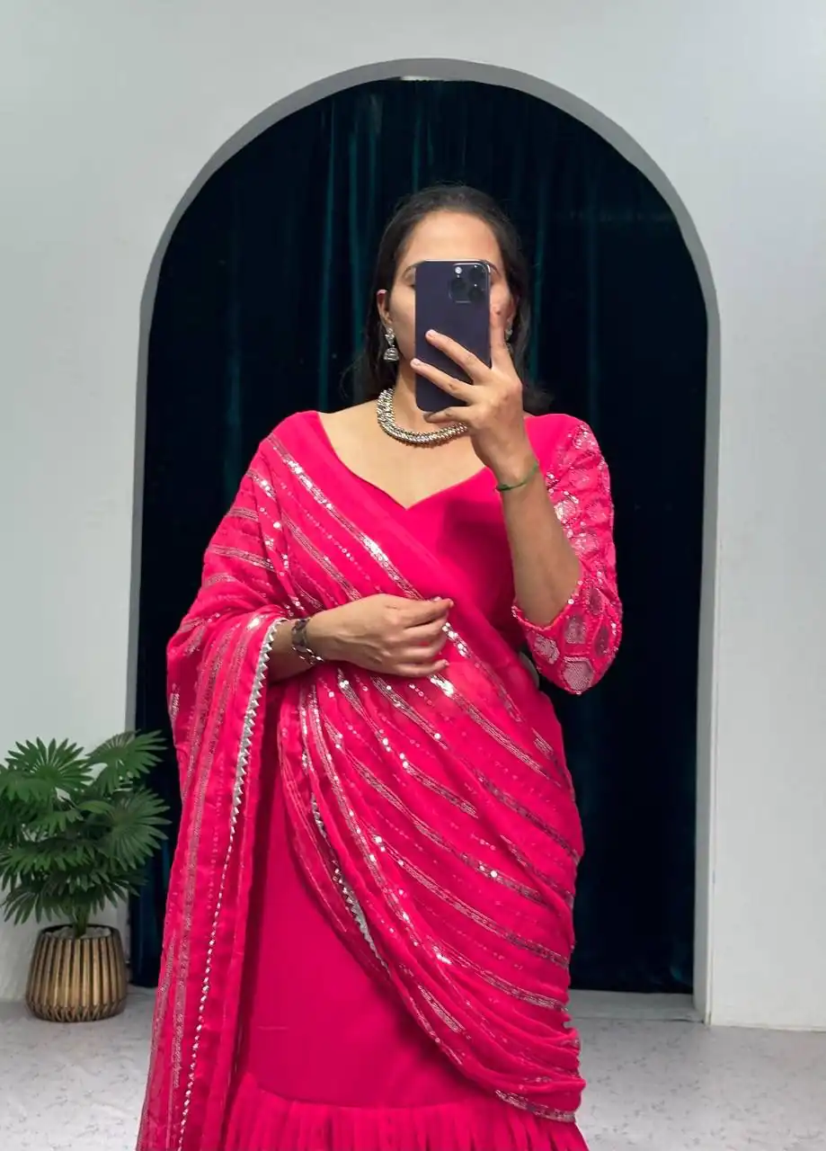 ST 1041 Pink Color Georgette Embroidery Moti Work Lehenga Saree Casual, Wedding, Party, Festive, Events Etc. Expected Delivery 4-6 Working Days @2099/- | Lehenga, Bollywood Lehenga, Creative Lehenga, Designer Lehenga, Embroidered Lehenga, Party Wear Lehenga