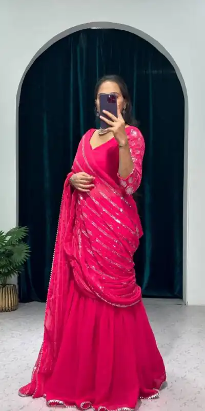 ST 1041 Pink Color Georgette Embroidery Moti Work Lehenga Saree Casual, Wedding, Party, Festive, Events Etc. Expected Delivery 4-6 Working Days @2099/- | Lehenga, Bollywood Lehenga, Creative Lehenga, Designer Lehenga, Embroidered Lehenga, Party Wear Lehenga