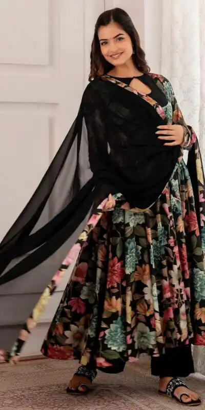 PC 371 Black Color Chant Crepe Digital Printed Work Gown Casual, Party Wear, Events, Festivals Wear Etc. Expected Delivery 4-6 Working Days @1999/- | Gowns, Bollywood Gowns, Creative Gowns, Designer Gowns, Embroidered Gowns, Party Wear Gowns
