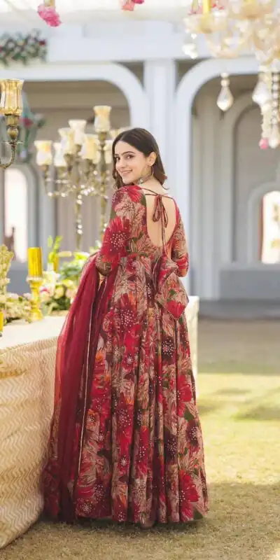 DC G41 Red Color Rayon Digital Printed Full Sleeves Gown Casual, Wedding, Party, Festive, Events Etc. Expected Delivery 4-6 Working Days @1949/- | Gowns, Bollywood Gowns, Creative Gowns, Designer Gowns, Embroidered Gowns, Party Wear Gowns