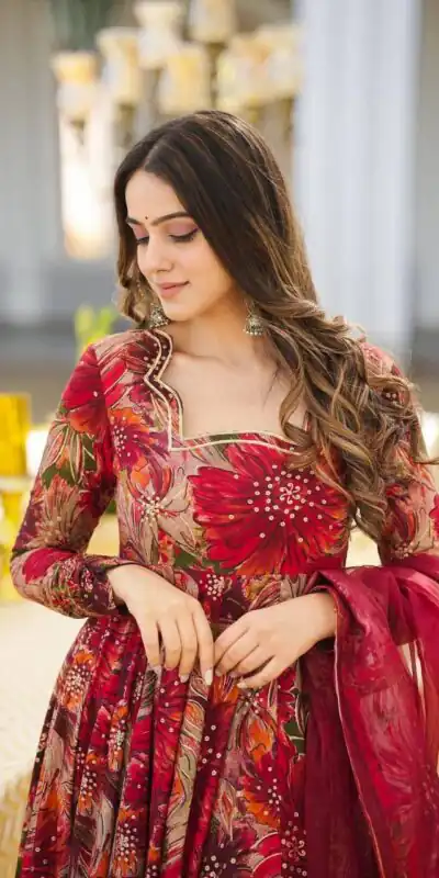 DC G41 Red Color Rayon Digital Printed Full Sleeves Gown Casual, Wedding, Party, Festive, Events Etc. Expected Delivery 4-6 Working Days @1949/- | Gowns, Bollywood Gowns, Creative Gowns, Designer Gowns, Embroidered Gowns, Party Wear Gowns