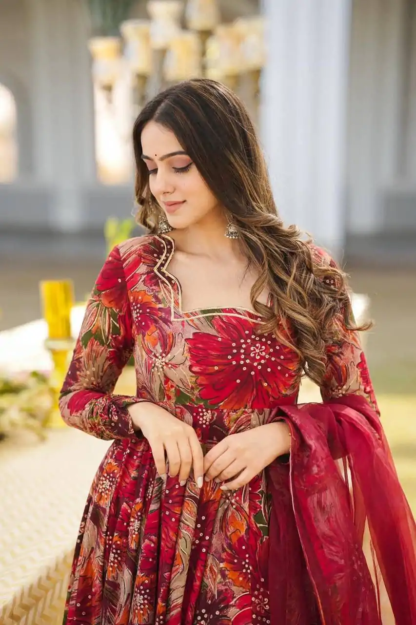 DC G41 Red Color Rayon Digital Printed Full Sleeves Gown Casual, Wedding, Party, Festive, Events Etc. Expected Delivery 4-6 Working Days @1949/- | Gowns, Bollywood Gowns, Creative Gowns, Designer Gowns, Embroidered Gowns, Party Wear Gowns