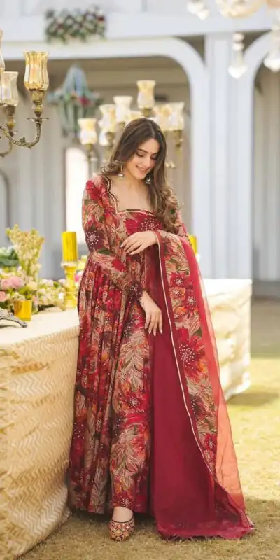 DC G41 Red Color Rayon Digital Printed Full Sleeves Gown Casual, Wedding, Party, Festive, Events Etc. Expected Delivery 4-6 Working Days @1949/- | Gowns, Bollywood Gowns, Creative Gowns, Designer Gowns, Embroidered Gowns, Party Wear Gowns